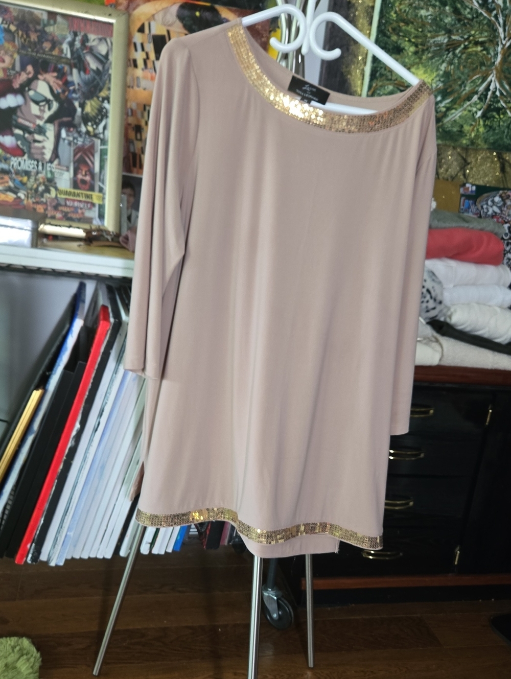Nina Leonard Blush Beige Long-Sleeve Dress with Gold Sequin Trim 29 P2p 34 L
